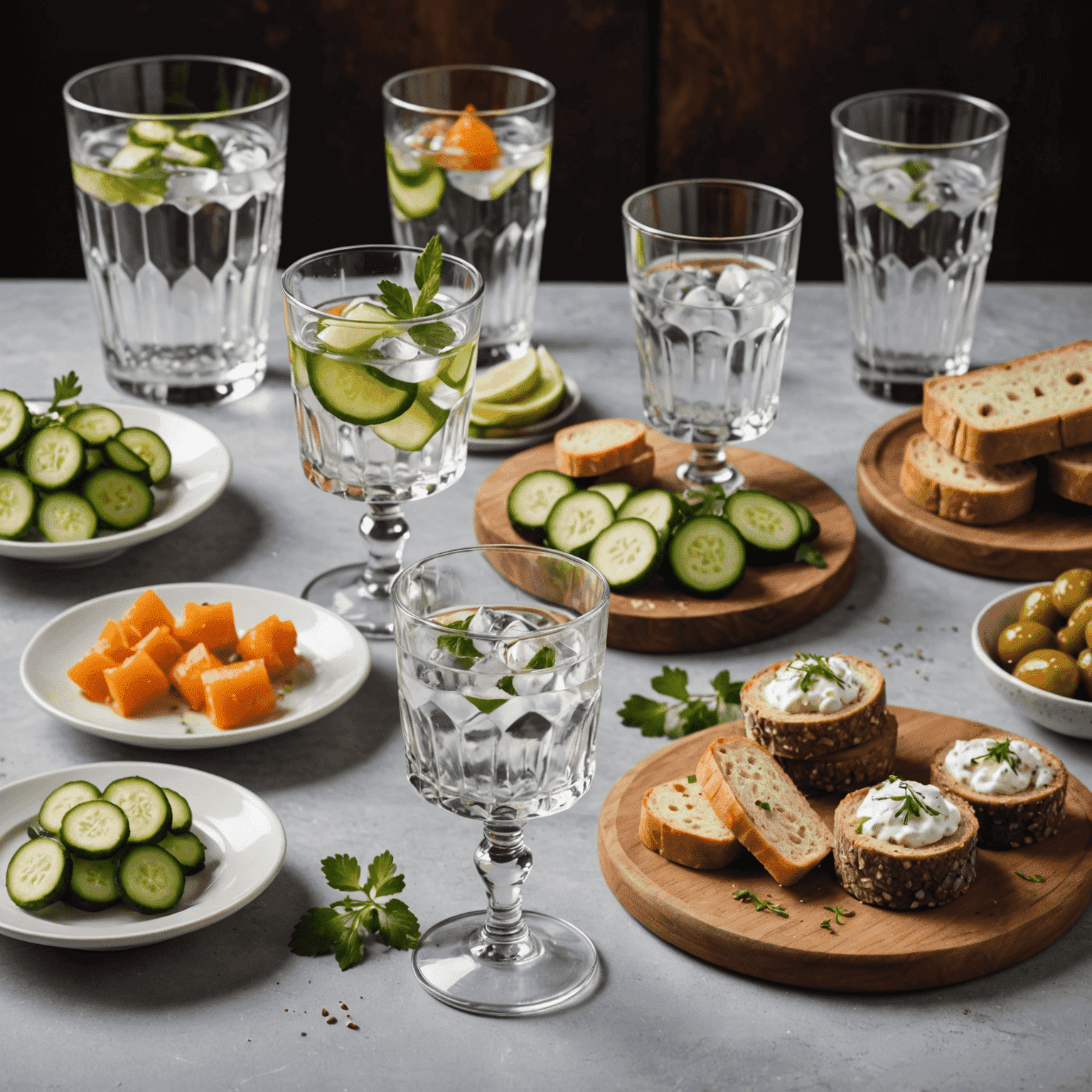 Eleganckie kieliszki do degustacji wódki na tle tradycyjnych polskich przekąsek, takich jak śledź, ogórki kiszone i chleb żytni